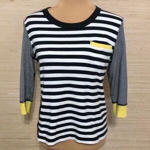 Bordado Striped Black White Cotton Crewneck Yellow Colorblock 7/8 Sleeve Top